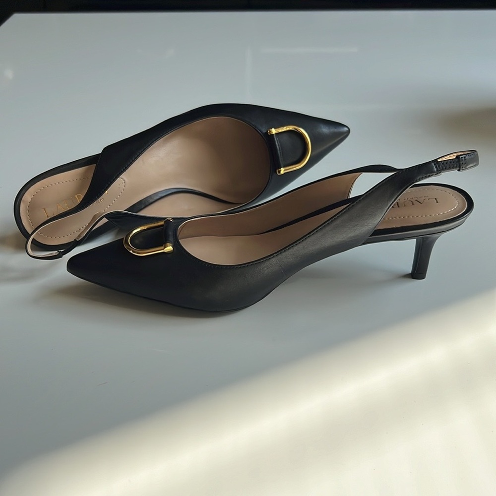 Lauren Ralph Lauren Black Slingback Kitten Heels with Gold Accent - Picture 1 of 9